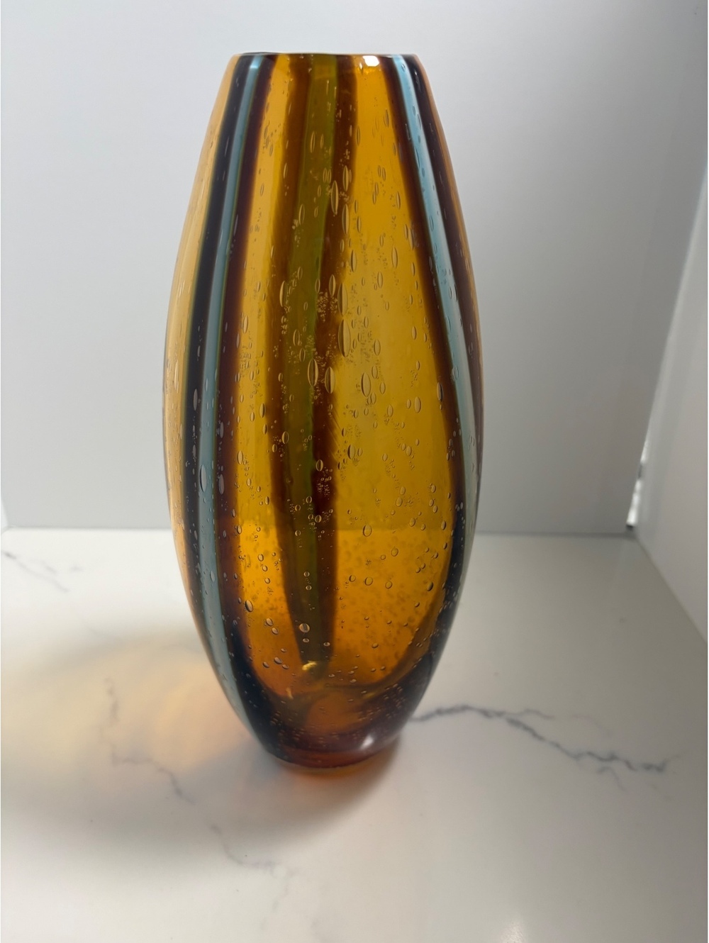 Vintage Mid Century Amber Blown Glass w/ white n Black Stripes